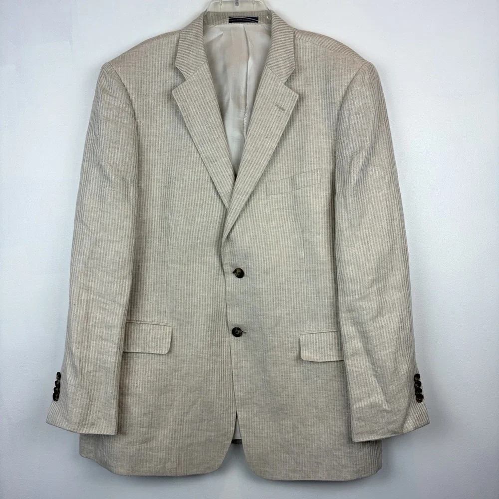 John W Nordstrom Linen Blazer Mens 44R Beige Stripe Sport Coat Coastal Beachy